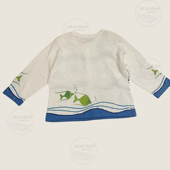 Vintage Design Options L Fish Sequin Cardigan | Rare Coastal Grandma Cottagecore - Picture 2 of 13